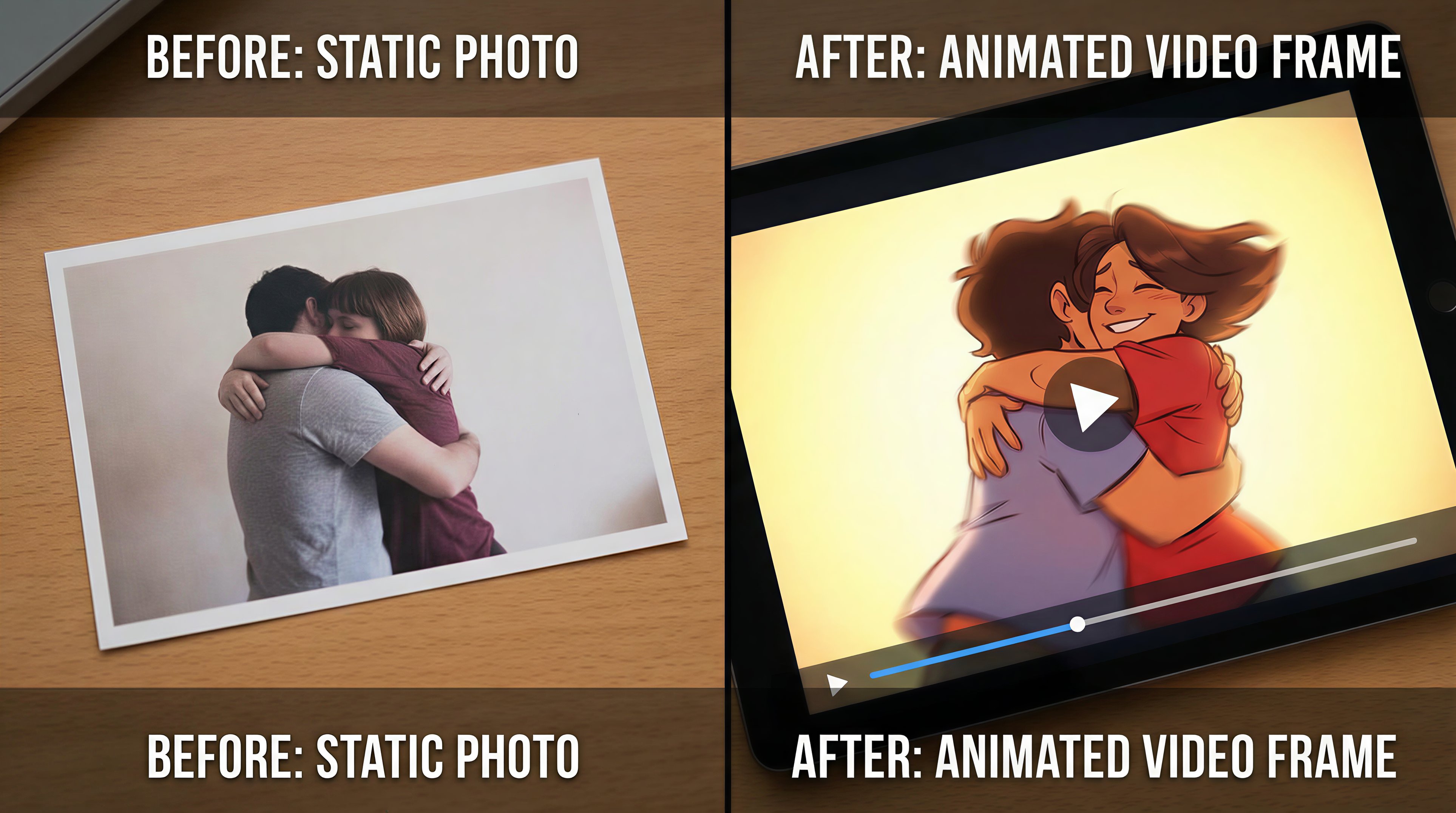 Comparison showing static photo being transformed into animated AI hug video