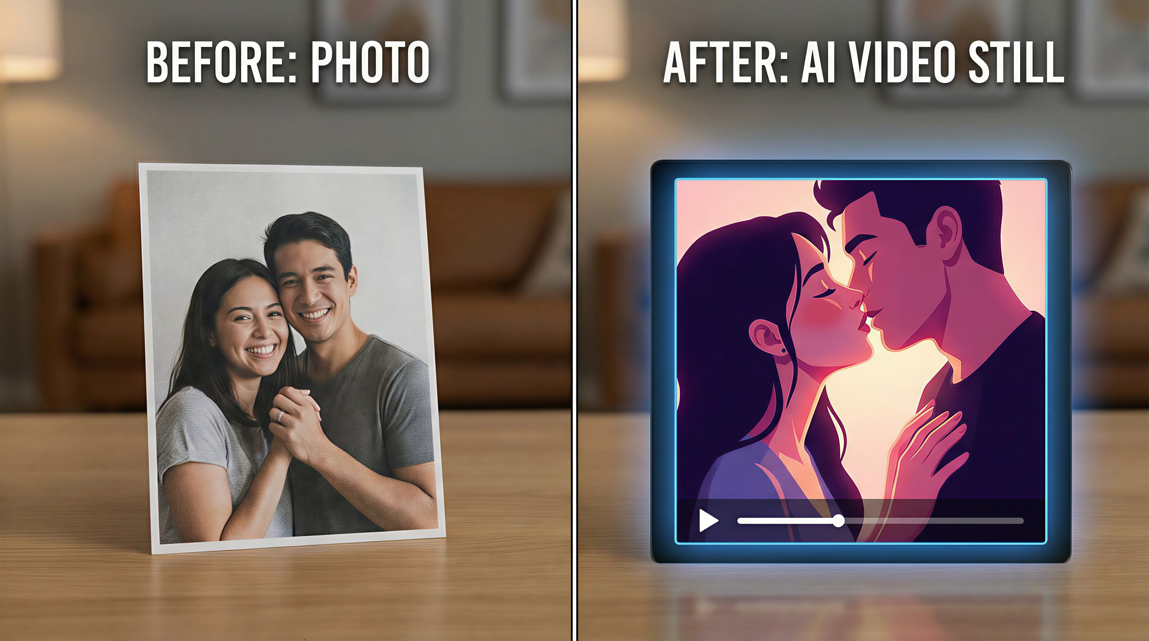 Comparison showing transformation from static photo to AI-generated kissing video