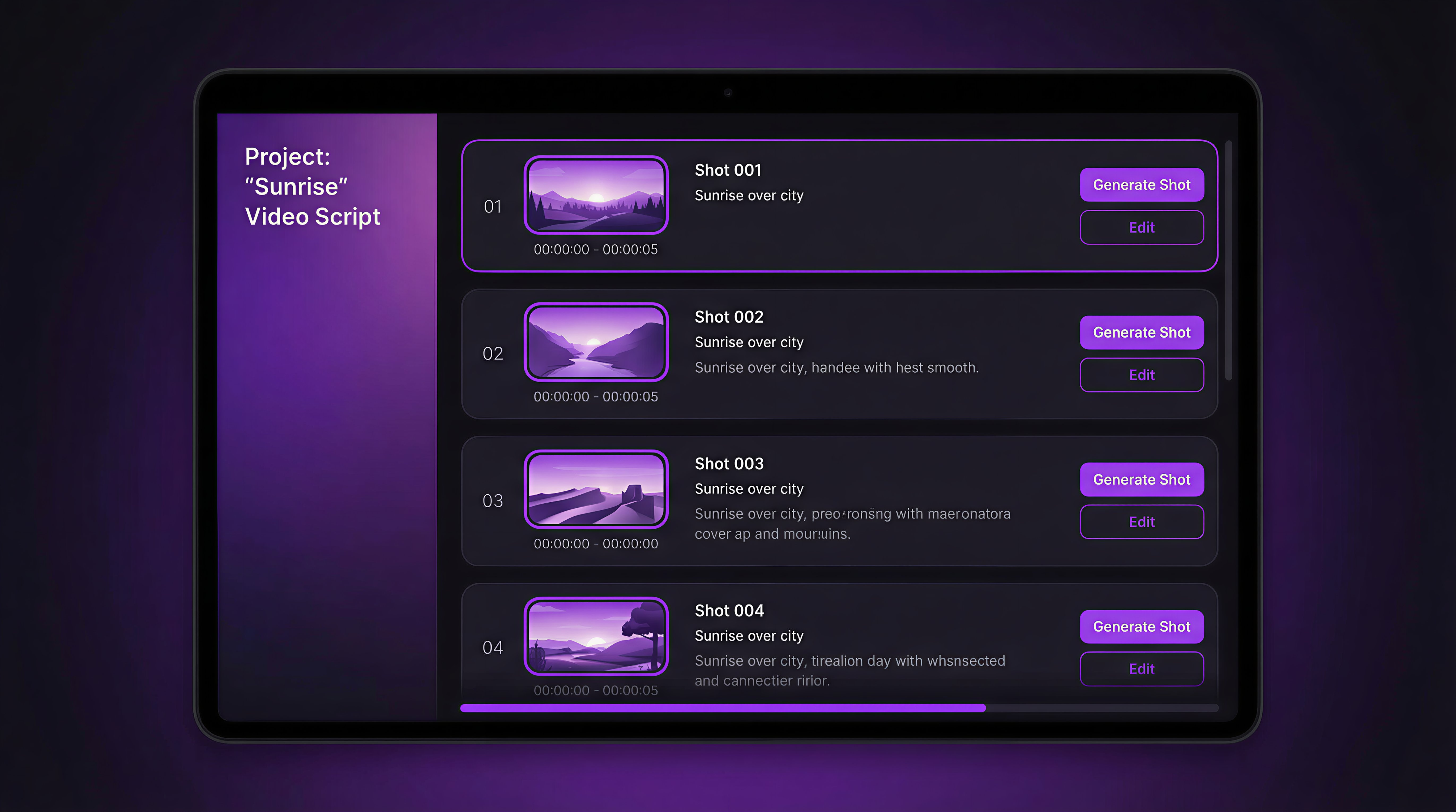 AI-generated shot breakdown with timed frames from a script