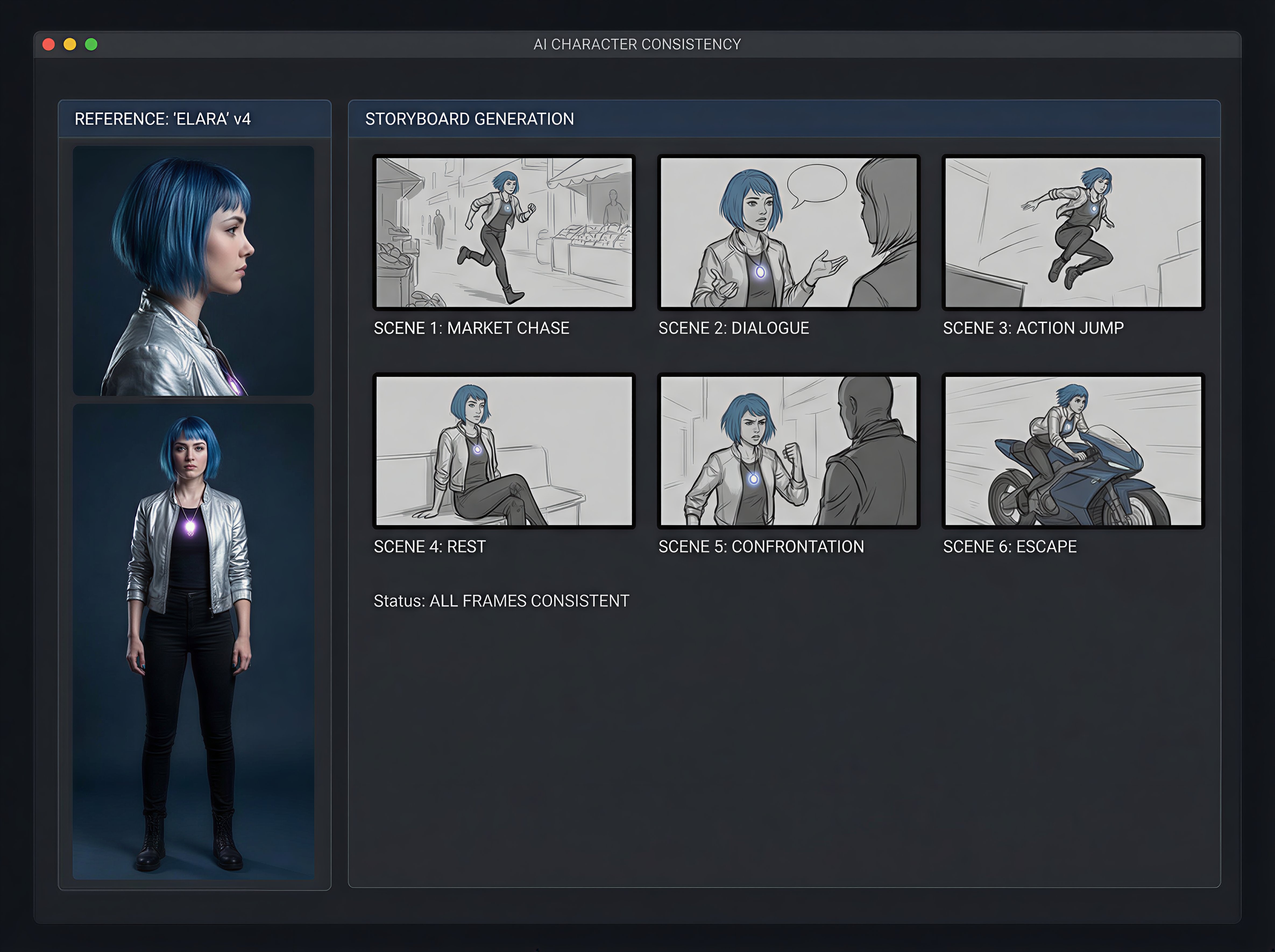 Identity Lock feature showing consistent character across multiple storyboard shots