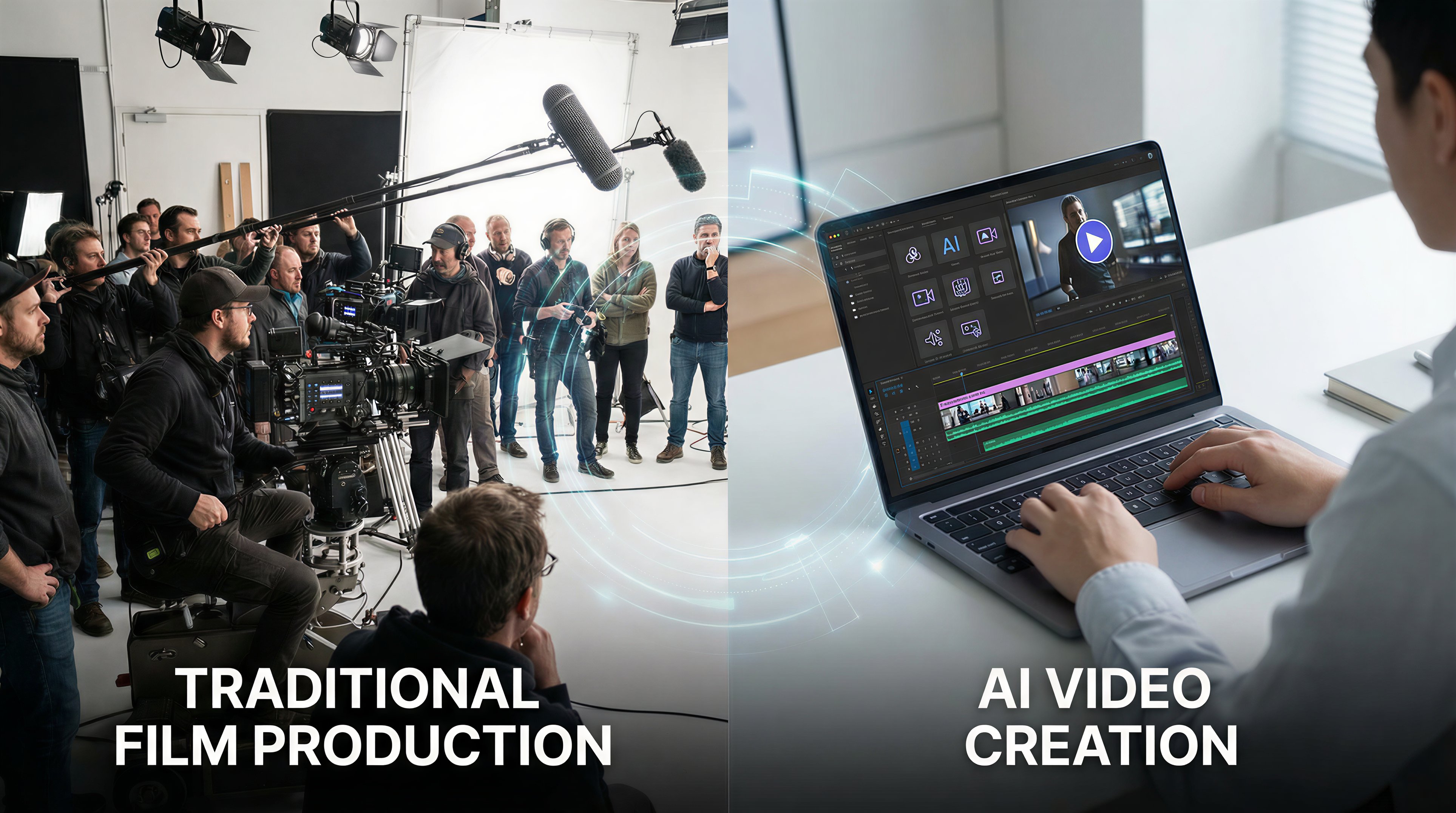 Comparison between traditional video production and AI-powered video ad creation workflow