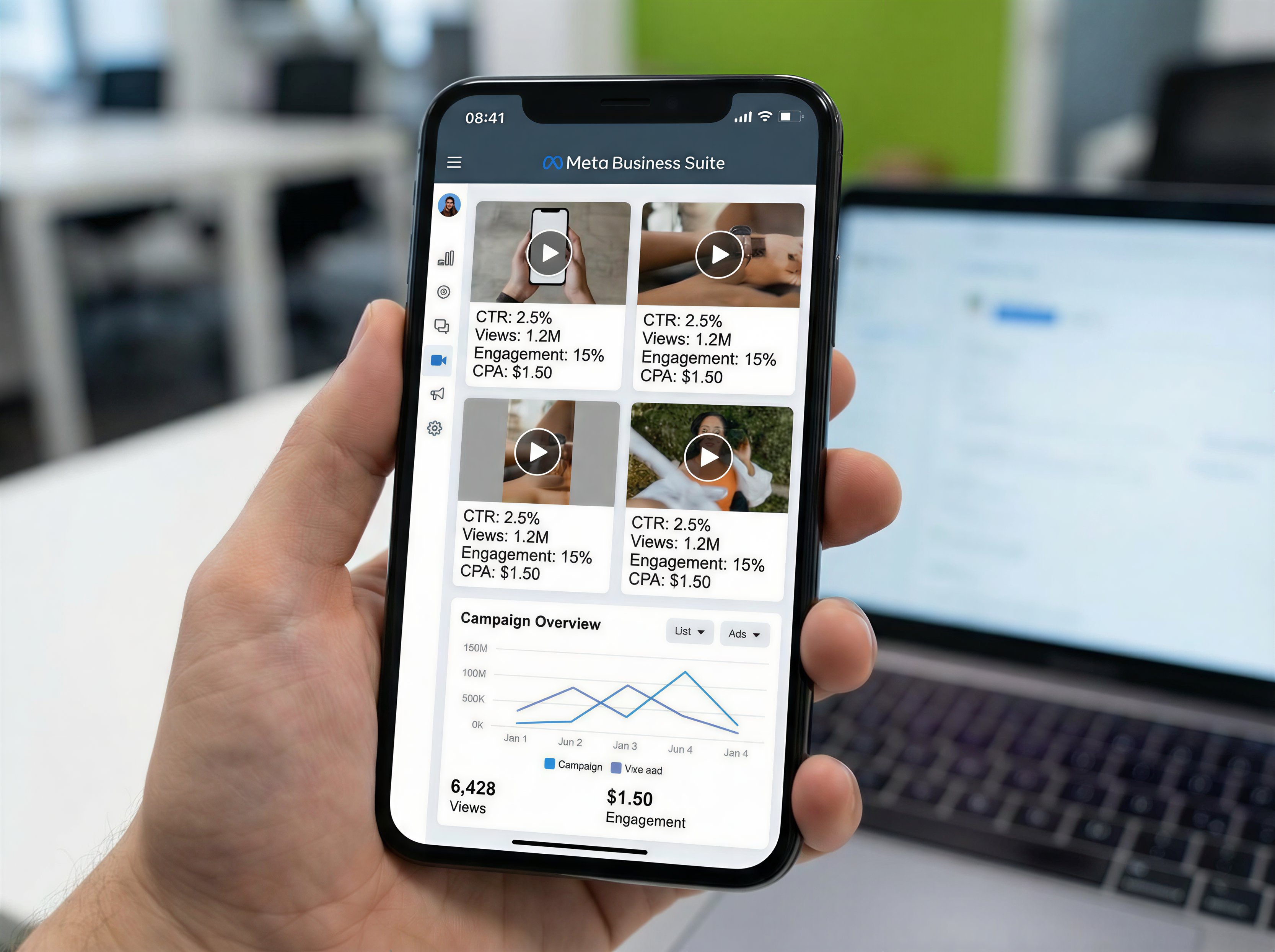 Mobile device showing A/B testing results for multiple AI-generated video ad variations
