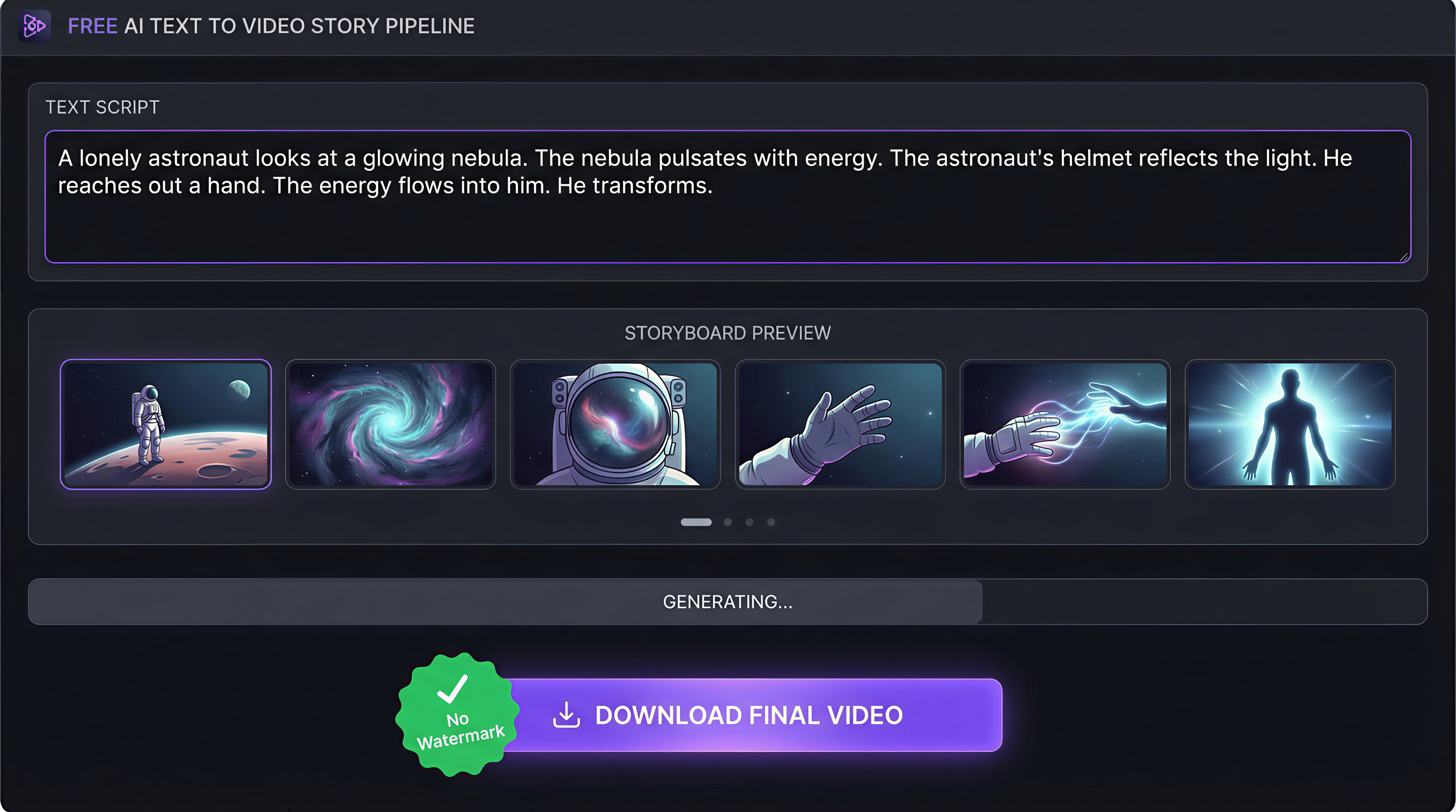 VidFab free text to video pipeline showing script to storyboard to clean video export with no watermark