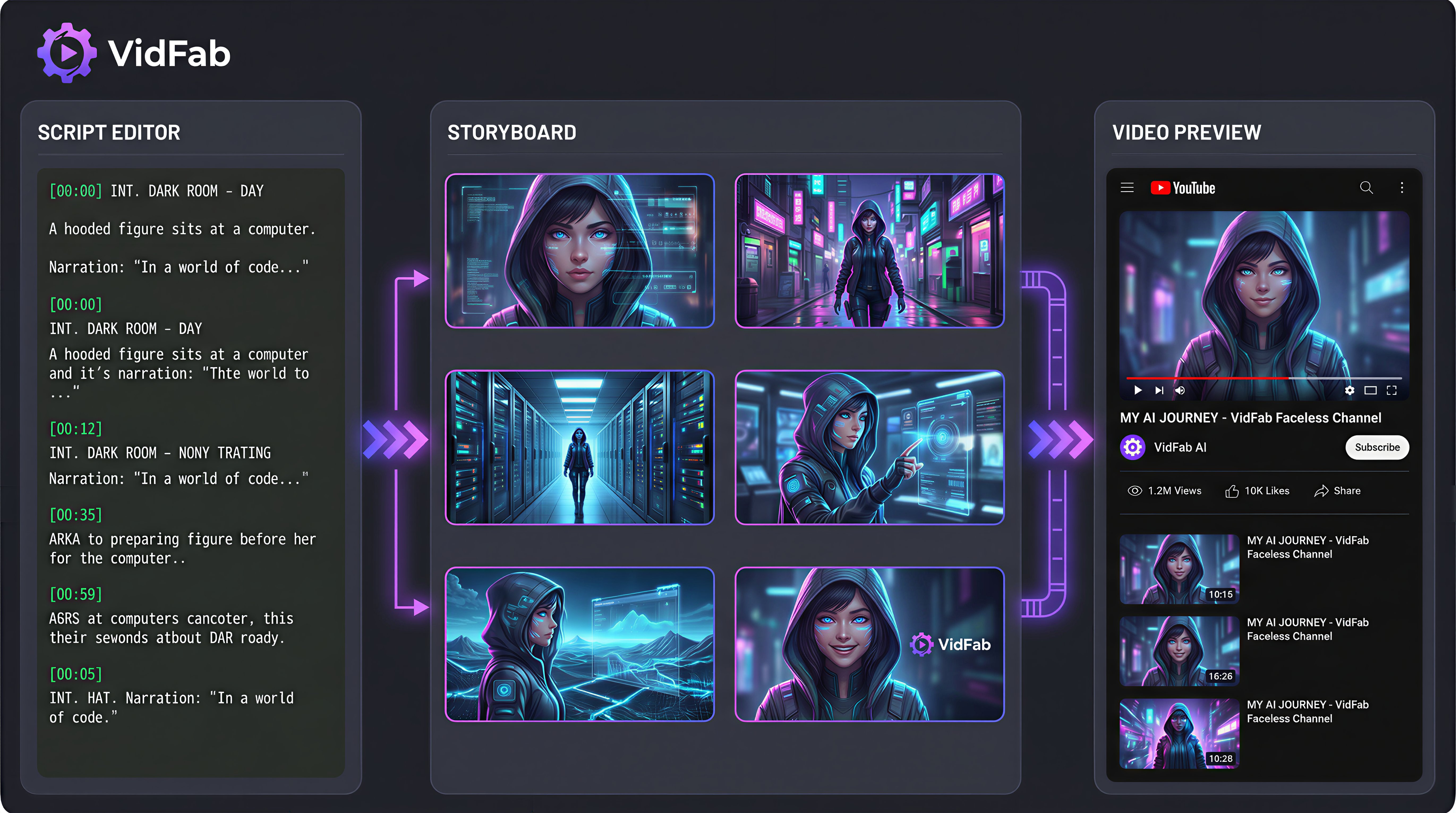 VidFab Story-to-Video pipeline for faceless YouTube channel production — script to consistent character storyboard to finished video